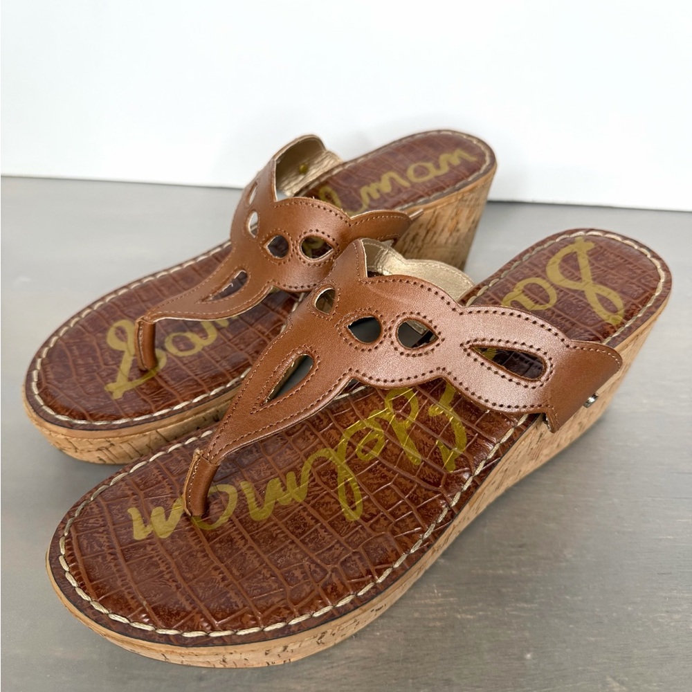 Sam Edelman Ralphie Wedge Sandals Womens 9.5 Brown Leather Cork Thong